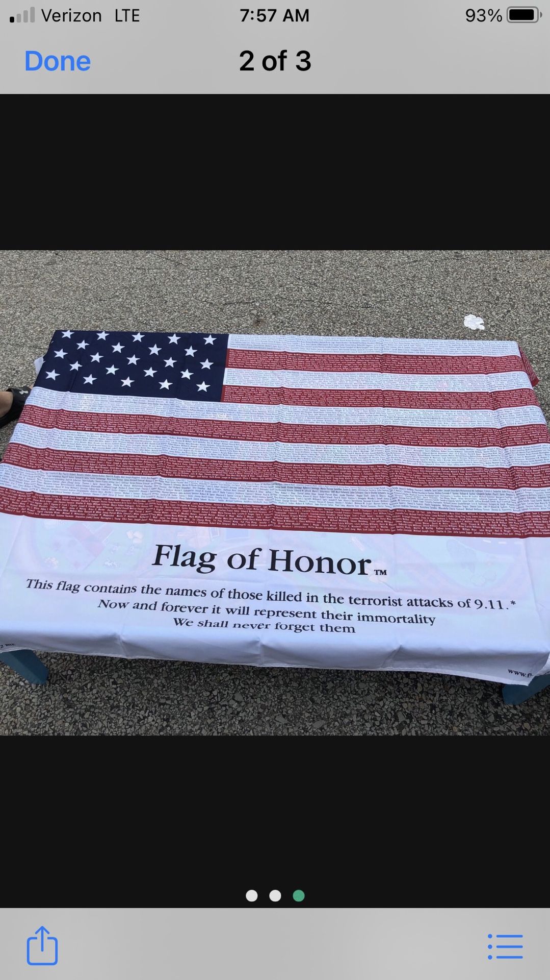 Flag of Honor, lists each person that perished on Sept. 11, 2001, 3’x5’
