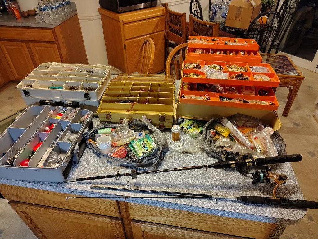 Fishing Gear And Two Rods Salt And Freshwater