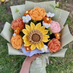 Crocheted sunflower orange Roses bouquet