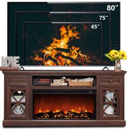 Farmhouse Fireplace TV Stand with 36" Electric Fireplace for 80 Inch TVs, 31" Tall Entertainment Center w/Drawer & Diamond Panel Door, Highboy Media C