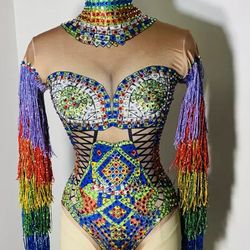 COLORFUL 4 WAY STRETCH FRINGE RHINESTONE BODYSUIT 