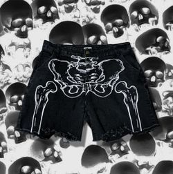 HALLOWEEN Social Collision Skeleton Denim Shorts Unisex Women's 11 Men's 34-36 Goth Alt Emo Grunge Y2K