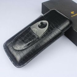 Cohiba Black Leather 3 Ct Cigar Case Travel Holder With Cutter New