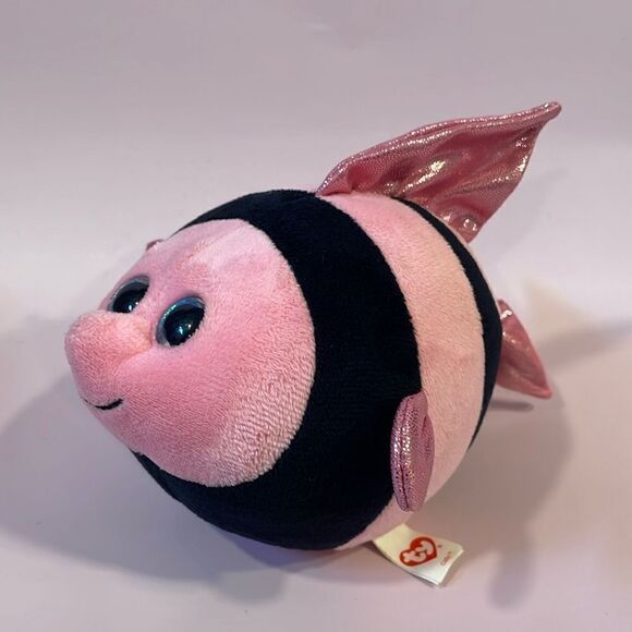 TY Beanie Ballz 2013 Gilly the Pink & Black Angelfish w Blue Eyes 7” long EUC