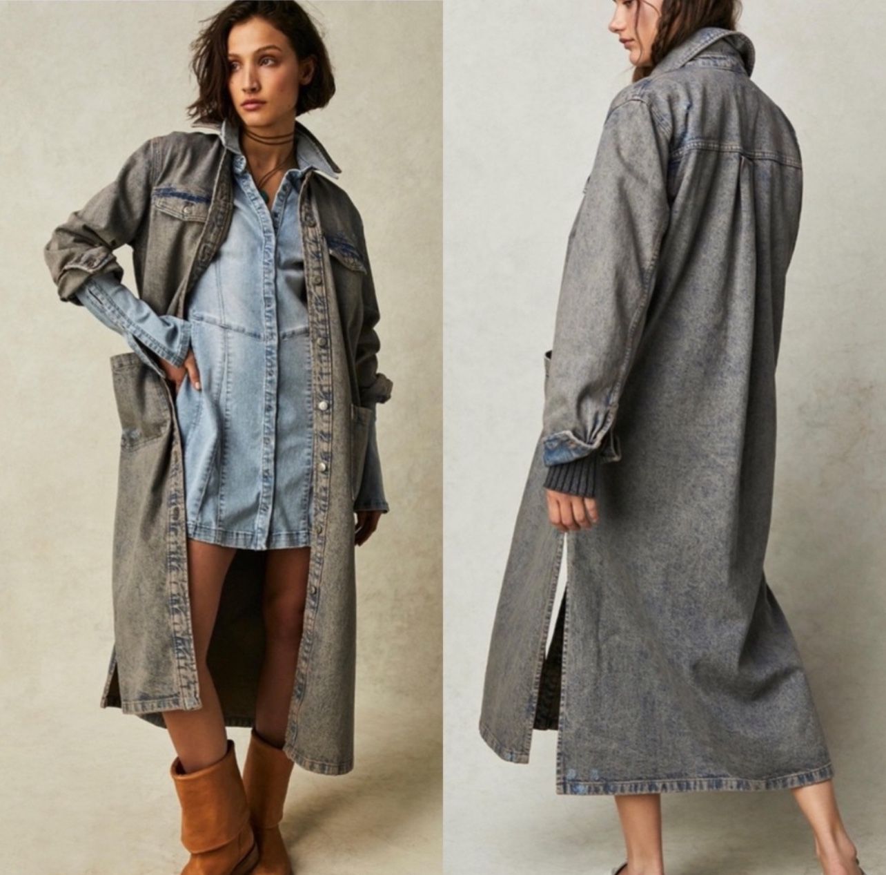 RARE sold out online   NWOT Free People Anna Lou LONG MAXI Denim Duster jacket  Size S  Distressed style triple washed denim. Lightweight and soft  Ca