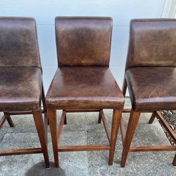 Set of 3 Distressed Leather Barstools