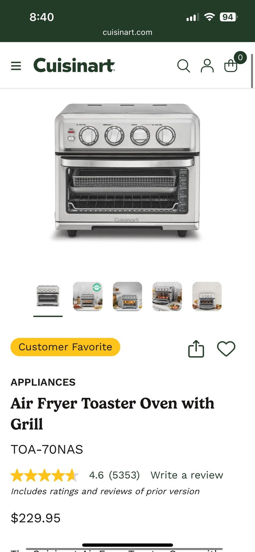 Air Fryer Toaster Oven with Grill – TOA-70NAS – Broken – $30