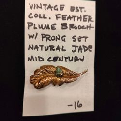 Vintage Feather Brooch Natural Jade Mid Century