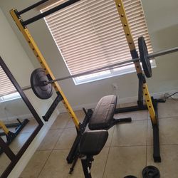 Squat Rack, Barbell, Bench, and Weights