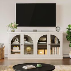 63 Inch Sideboard Buffet Cabinet, Modern Arched Buffet with Glass Doors, Large Curved Cabinets with Storage, Console Credenza w/Adjustable Shelves for