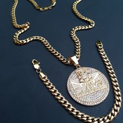 14k gold-plated 6mm Cuban link chain pendant and bracelet