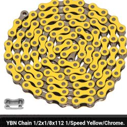 New Yellow And Chrome Bicycle Chain, 1/2 X 1/8 X 112 Links, BMX, Cruiser