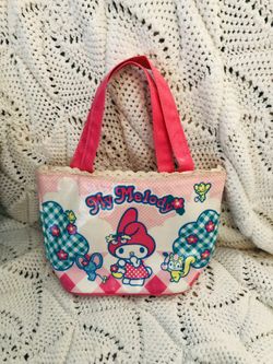 Smaller size Vintage Sanrio Smiles Hello Kitty My Melody Pink Oilcloth Tote Bag