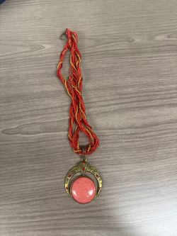Multi-Strand Coral & Gold Seed Bead Crescent Pendant Necklace