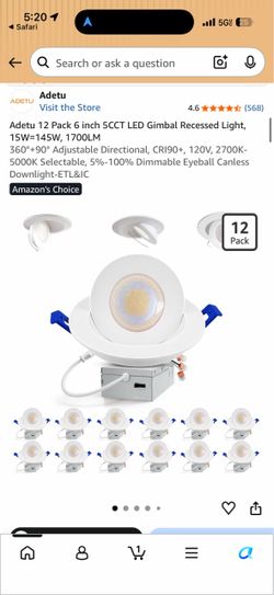 12 Pack 6 inch 5CCT LED Gimbal Recessed Light, 15W=145W, 1700LM 360°+90° Adjustable Directional, CRI90+, 120V, 2700K-5000K Selectable, 5%-100% Dimmabl
