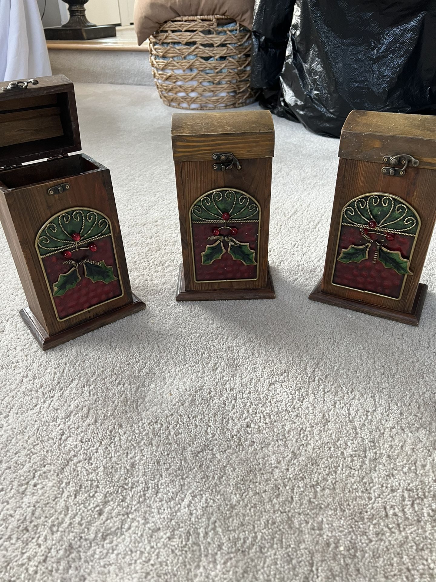 Three beautiful wood boxes at open $25 For All Three. . Can be used for tea lights put a gift in them they’re beautiful