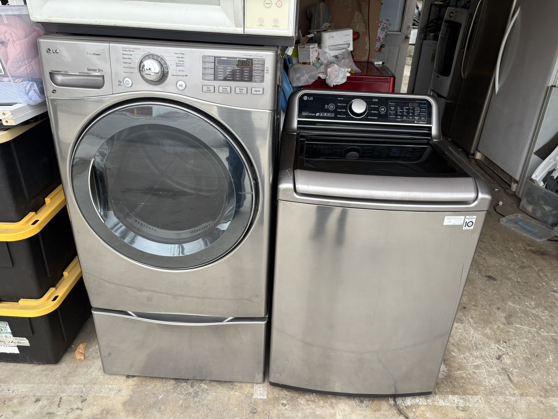 Lg Top load washer and gas dryer  Excellent working condition  W27 D31 Washer 5.2 cu ft Dryer 7.3 cu ft including pedestal  3 months warranty parts an