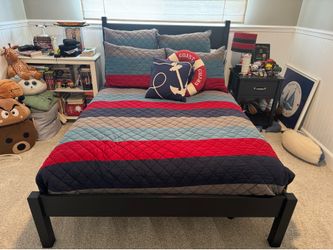 Pottery Barn Navy Bed (Full), Mattress, Bedside Table