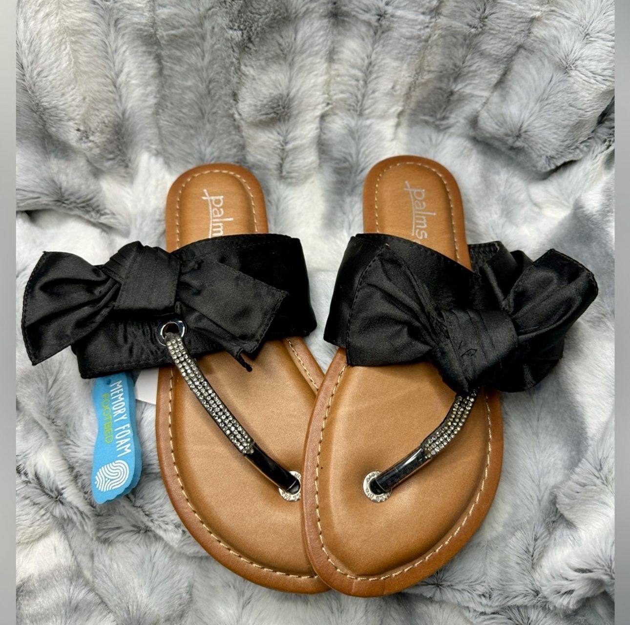 Palms Satin Bow & Bling Sandals ~ W/ Memory Foam Footbed! Size 6. Black.