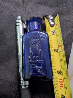 Old owl cobalt blue bottle