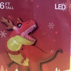 6Ft Xmas Inflatable LED Dinosaur W Antlers