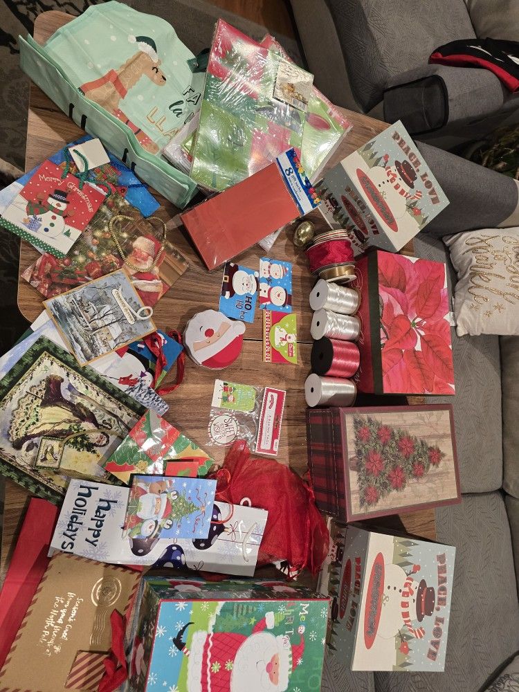 Christamas gift wrapping supplies, boxes, bags, tags, ribbon, gift card holder, new and used.