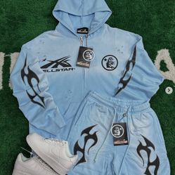 Hellstar Hoodie Chrome Short Set Hearts Denim Jeans Tears Full Hooded Jacket  And Short Set  Coats Small S Medium M Large L XL