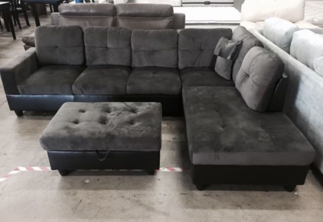 Dark Grey Microfiber Sectional Couch And Ottoman