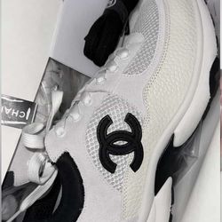 Chanel White/Black Mens Leather Tennis Shoes