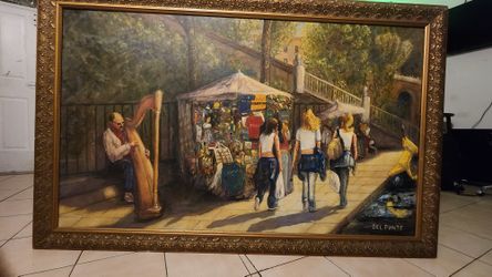 Downtowner Saloon Original Del Ponte Oil on canvas 36" x 60" with gold wooden  frame