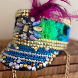 rhinestone Women's Hat Coachella festival burning man steampunk conductor bedazzled jeweled with feathers and gold chin chain