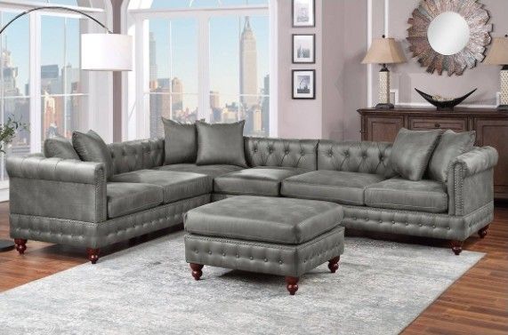 Brand New Grey Leather Sectional Sofa w Ottoman 
