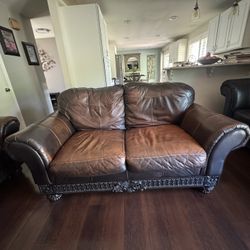 Ashley Britannia Rose Brown Genuine Leather Solid Wood Black Loveseat 