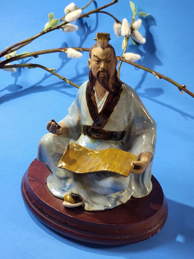 Vtg Chinese Wah Jiang Mudman Statue Scholar with Calligraphy Scroll Shiwan Mud