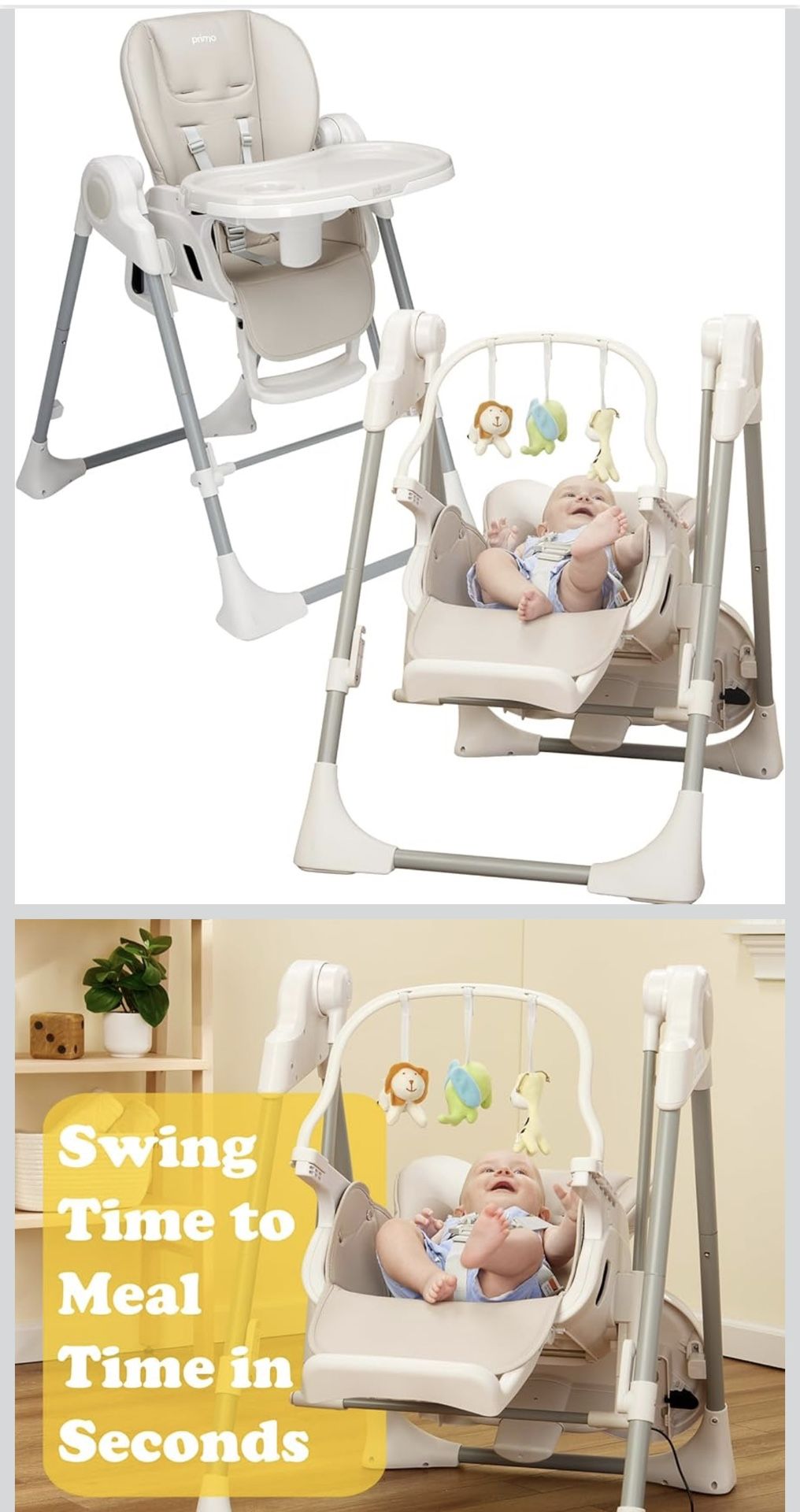 PrimoBaby SnuggleBug 2-in-1 Infant Swing & High Chair, Adjustable Seat Recline, Height, & Feeding Tray, App Control, Music & Nature Sounds, Toy Bar, E