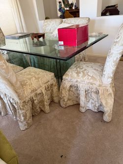 72” x 42” Beveled Glass Dining Table with 6 Upholstered Chairs