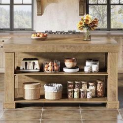 JW1105AB Kitchen Island with 3 Shelves, 55 Inches Width Kitchen Shelf with Large Worktop, Stable Woo