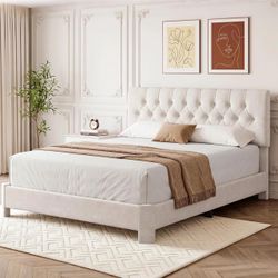 2606a $110 Queen Upholstered Bed Frame, White Velvet Cloud Platform Bed Adjustable Tufted Headboard, Curved Anti-Collision Leg, Solid Wooden Slats, N