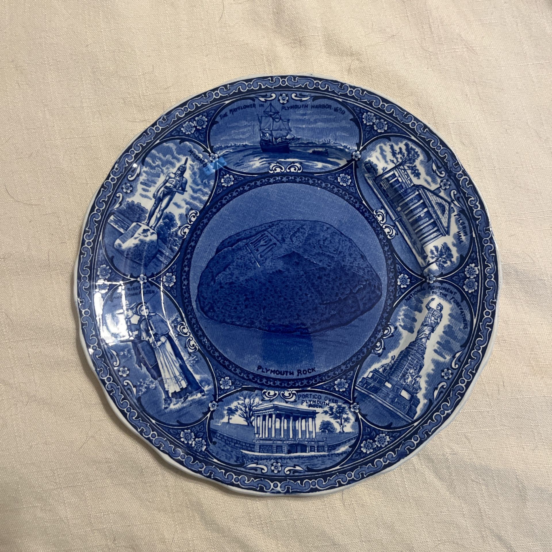 Vintage Pilgrim Themed Blue And White Porcelain Plate