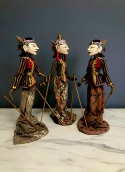 Vintage Set Wayang Golek Traditional Wooden Rod Puppets  Indonesia Set Of 3 30"