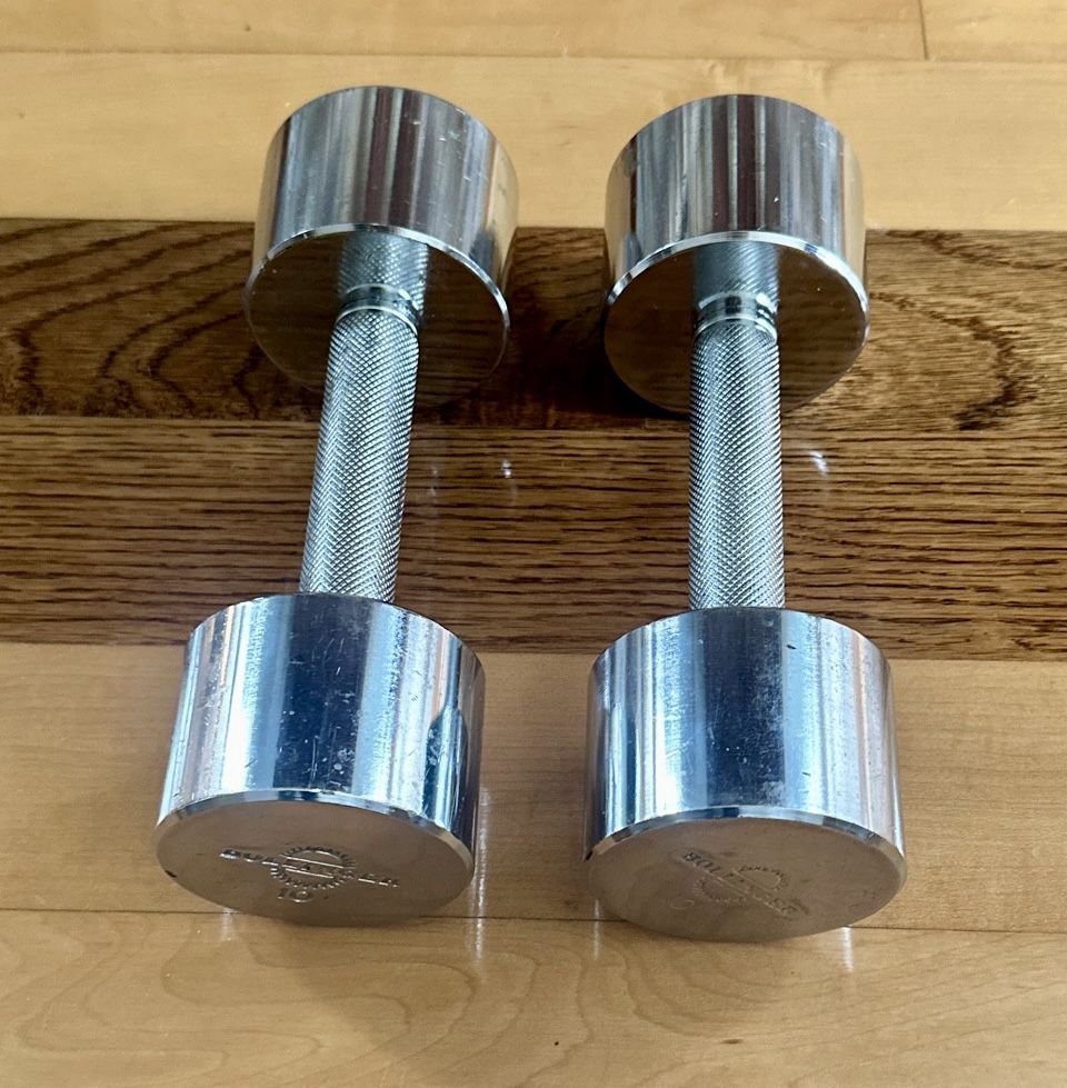 Vintage Chrome Bollinger Dumbbells~ Screw on Heads. Set of Two 10 LB each, 20-lbs Total Hand Weights. Pre-owned. 