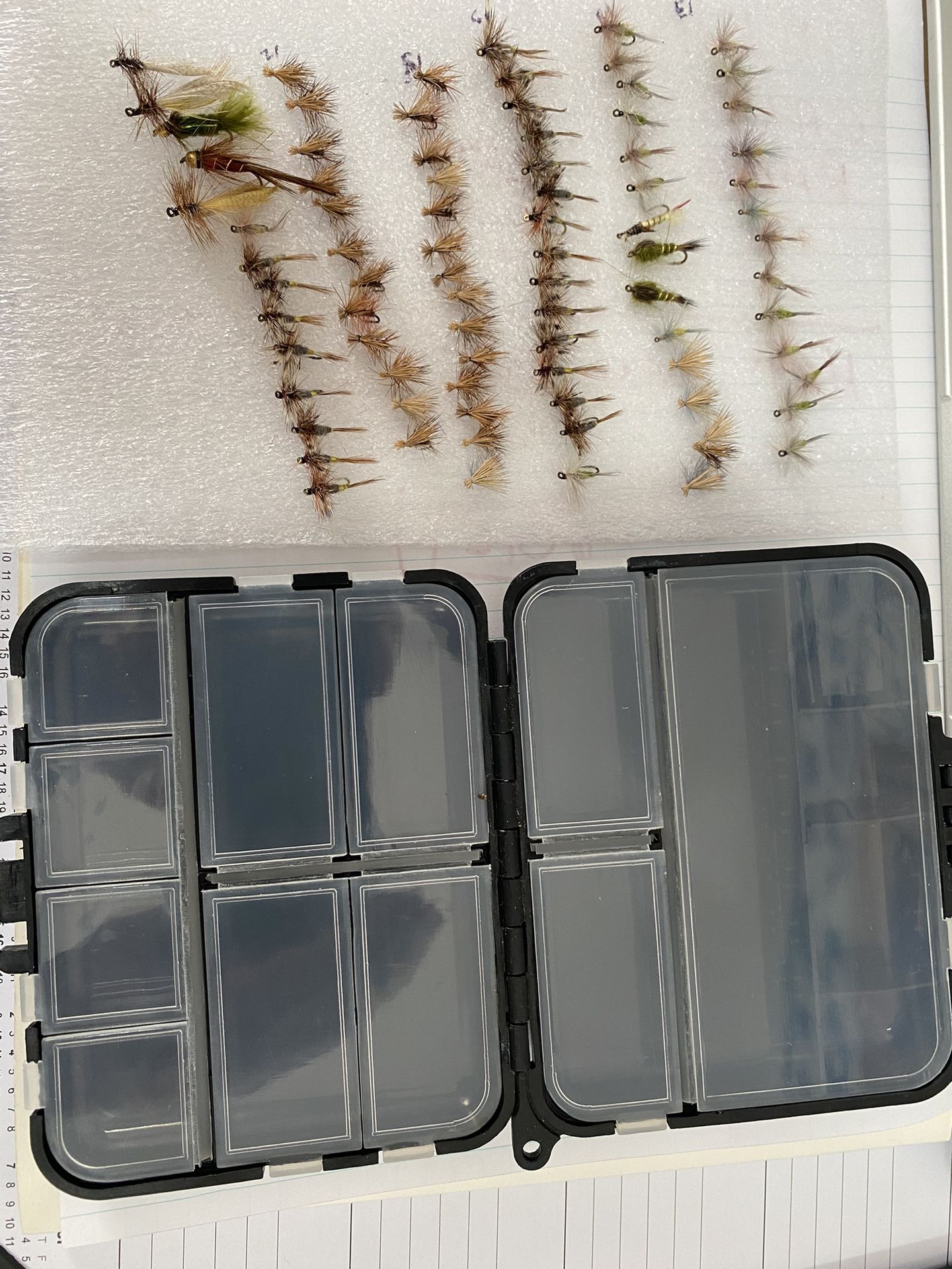 Fishing Flies In Assorted Patterns With Black Plastic Compartment Fly Box