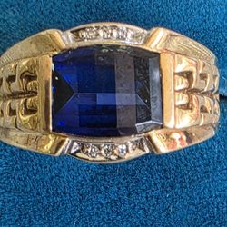 10k Men's Ring with Blue Stone And Diamonds Ring Size 10