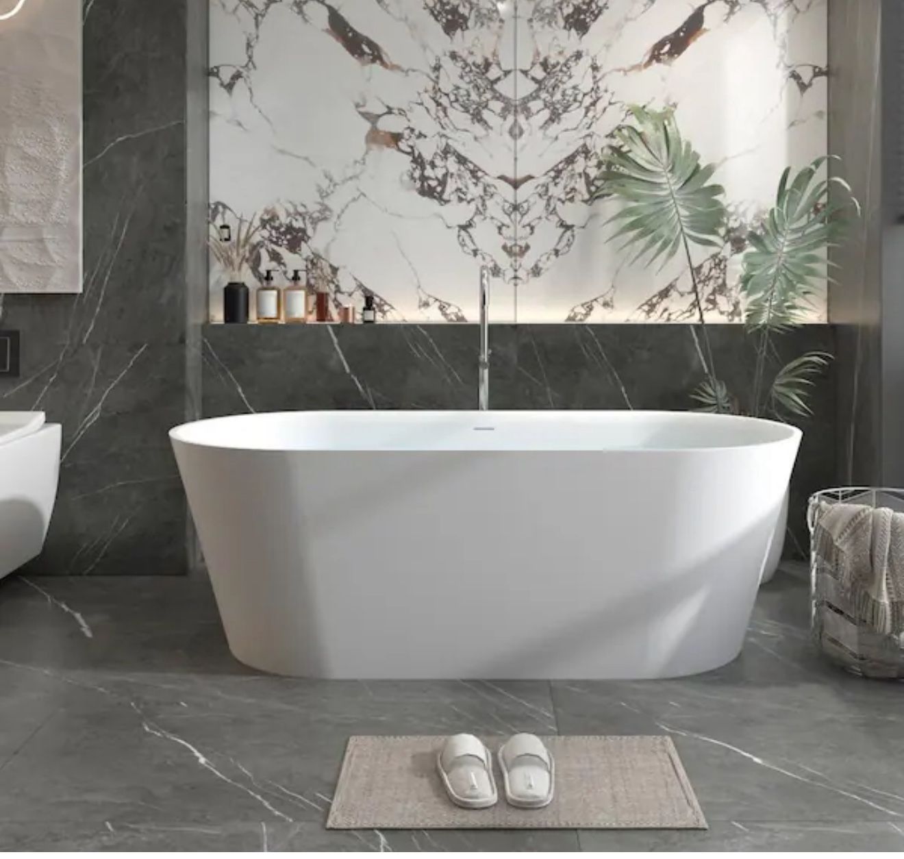Xspracer Foyil 63 in. Stone Resin Flatbottom Solid Surface Freestanding Double Slipper Soaking Bathtub in White with Brass Drain