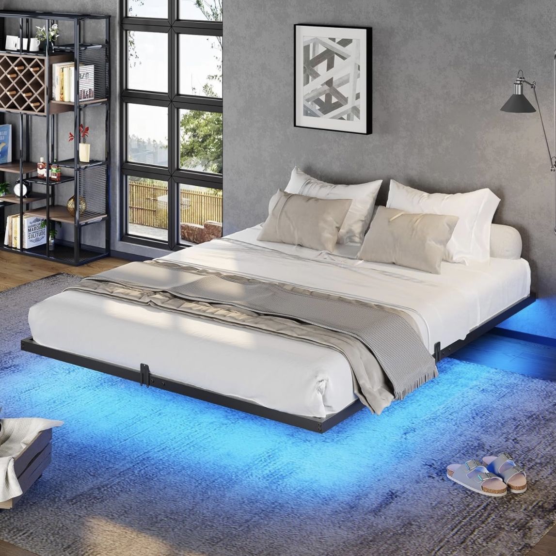 Queen Bed Frame with LED Lights, Floating Bed Queen Size