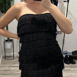 Black Midi Fringe Bandage Dress 