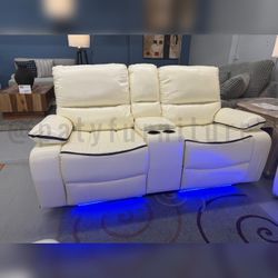 2PC Power recliner sofa and Loveseat white leather with LED USB Wireless chargers