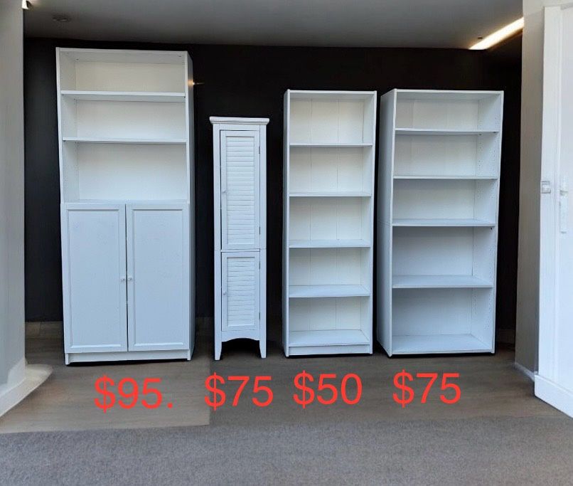 White 7 shelf bookcase cabinet $95, bathroom / pantry cabinet $75, large 5-layer bookcase $75, medium 5-layer bookcase $50