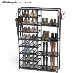 Tall Garage Shoe Rack Large Capacity,Two Rows Versatile Hooks Storage Boot Shelf Black 24-35 Pairs