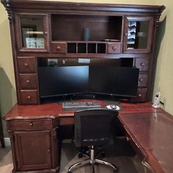 Executive L-Shaped Desk w/ Hutch + Drawer Printer Stand